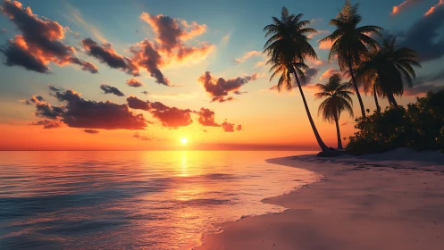 Sunset over calm tropical shoreline with palm silhouettes.