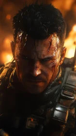 Battle-hardened sci-fi soldier in molten cinematic lighting.