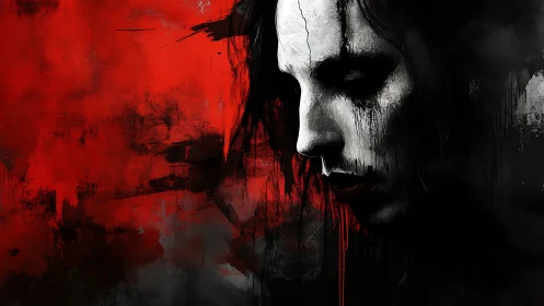 Moody monochrome face sinking into wild red shadows.