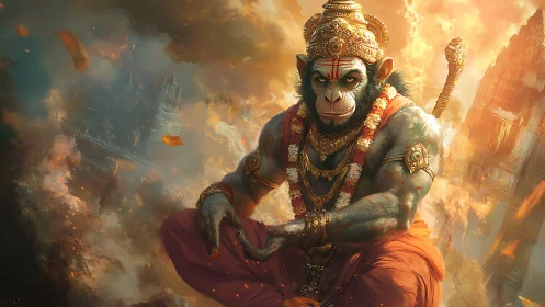 Divine monkey warrior sits amid burning temple ruins