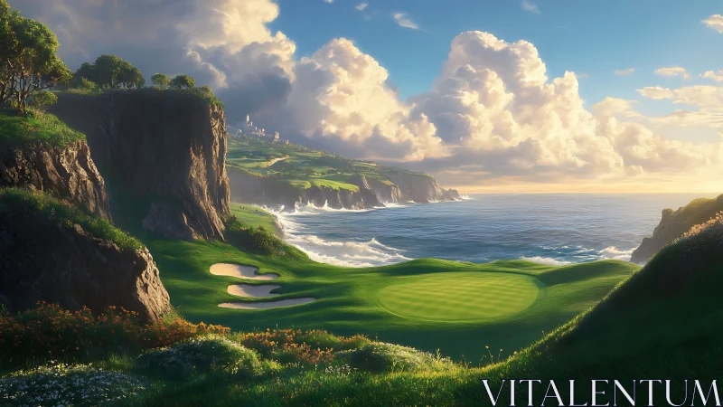 Sunlit seaside golf green rests beneath dramatic coastal cliffs