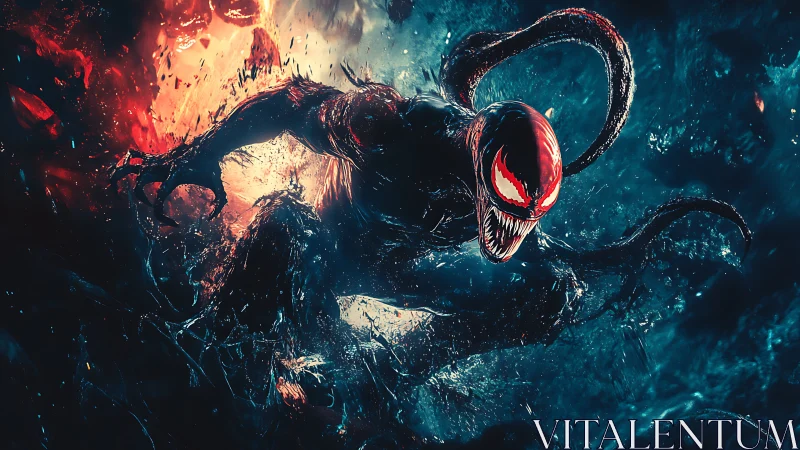 Fierce red-eyed creature surges through fire and swirling night.