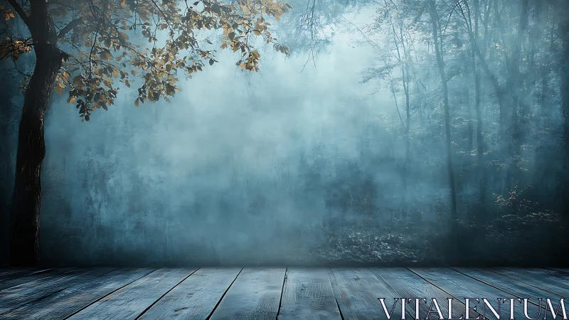 Misty Forest Meets Wooden Platform in Ethereal Autumn Scene.