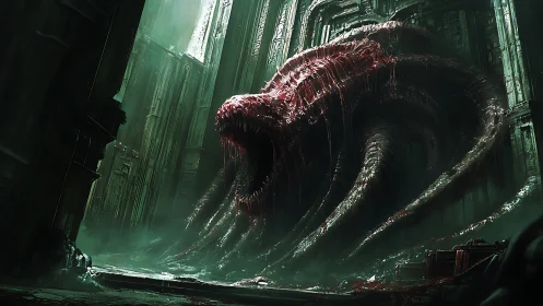 Colossal fleshy worm engulfs ruined cathedral interior