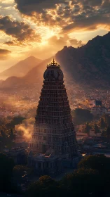 Sunlit temple tower rising through mist over mountain city.