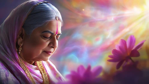 Elderly woman in prayerful serenity amid radiant light.