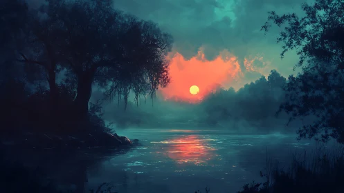 Dusklit river cradling a molten neon ember sunscape.