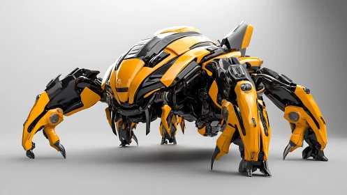 Yellow black quadruped combat robot on neutral studio background.
