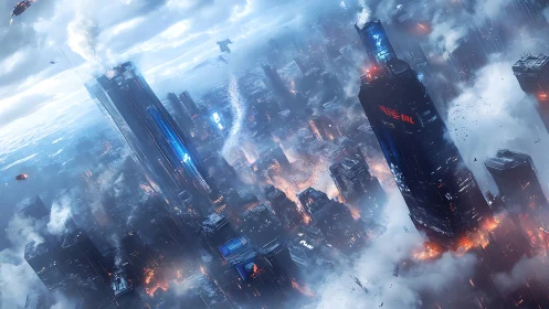Futuristic high rise city under attack with fires and smoke.