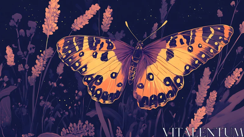Golden butterfly resting under a dreamy starlit sky.