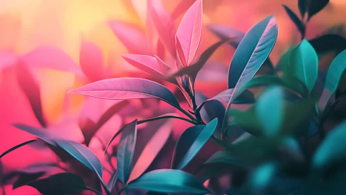Dreamlit leaves glowing in soft teal and sunset pink light.