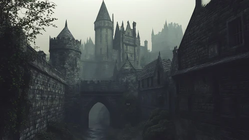 Medieval stone castle complex rises above narrow gated river