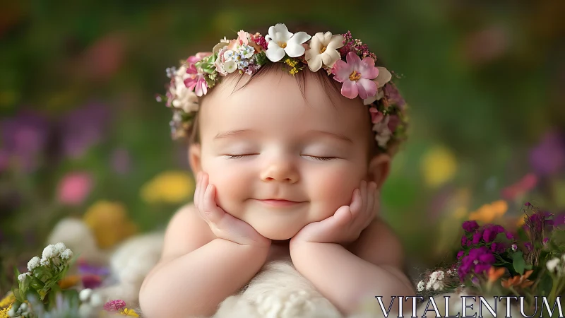 Serene Infant with Floral Crown Resting in Garden Setting.