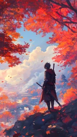 Wandering samurai under blazing autumn valley skies.
