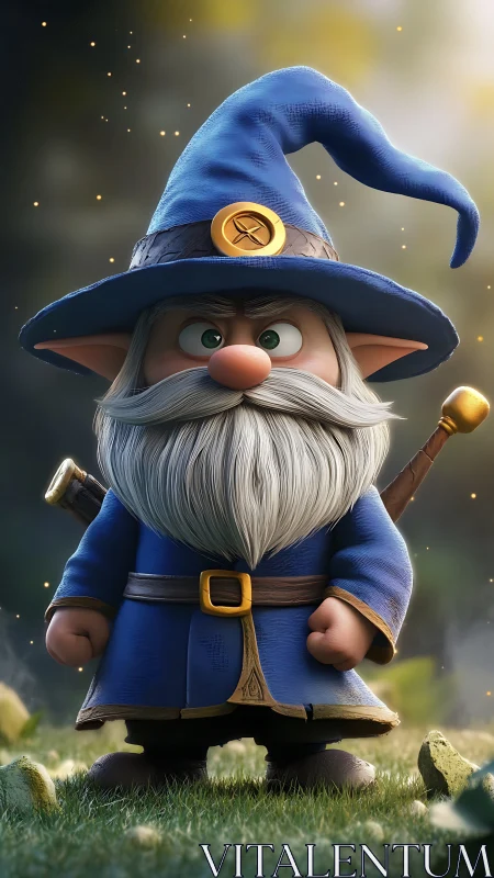 Chibi wizard gnome in blue robes stands in glowing forest.