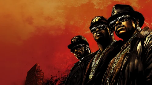 Triadic hip-hop portrait against incendiary urban gradient.