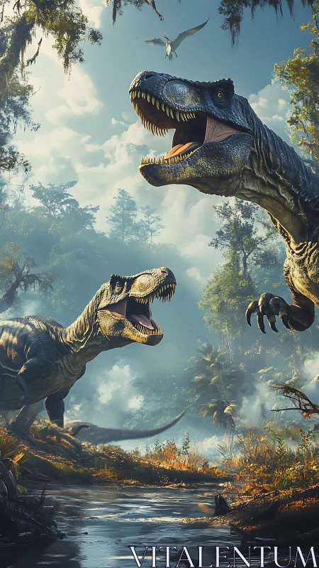 Cinematic 3D tyrannosaur encounter in misty prehistoric wetland