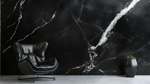 Black leather chair against large black marble wall.