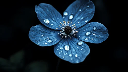 Sapphire petals jeweled in dewdrops against obsidian night.