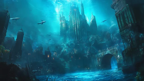 Sunlit underwater kingdom rises in a dreamy blue seascape