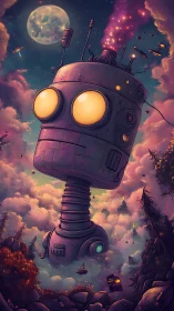 Giant floating robot head with luminous eyes in nebula sky