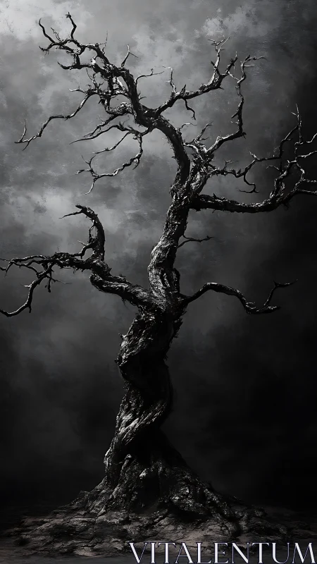 Twisted blackened tree rising against stormy grey void.