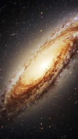 Spiral galaxy glows in deep space with radiant golden core