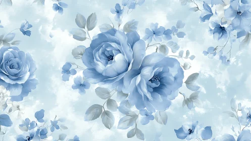 Blue Floral Composition with Layered Rose Formations and Ethereal Background.