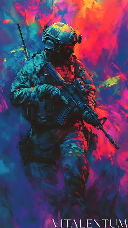 Neon storms swirl as a lone tactical soldier cuts forward