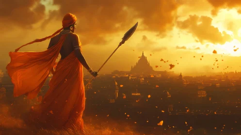 Warrior silhouette over sunlit city with distant temple.