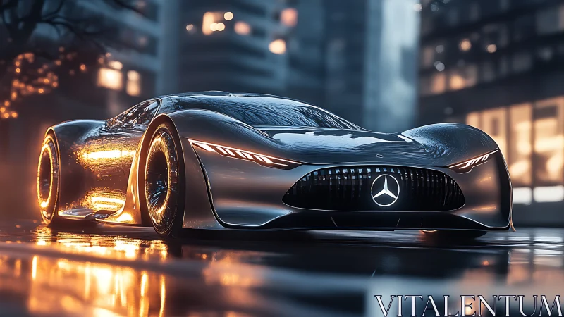 Futuristic Mercedes concept car on wet city street at dusk.