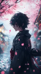 Midnight-eyed wanderer beneath storm of cherry petals.