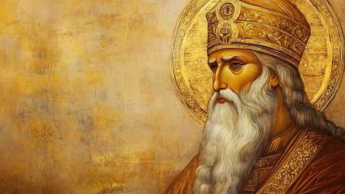 Golden-robed elder saint gazes through time in solemn calm.
