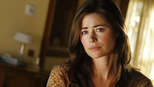 Photorealistic portrait in warm domestic window light framing.