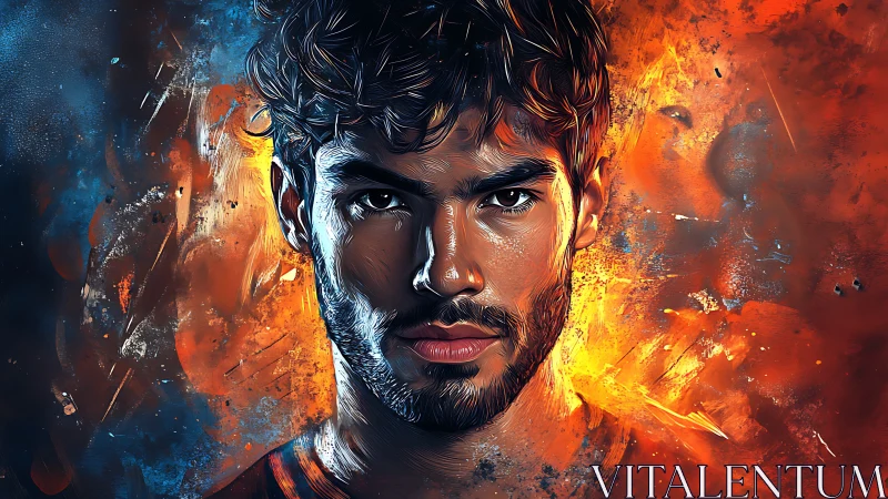 Digitally painted male portrait contrasts cool blue and fiery orange light