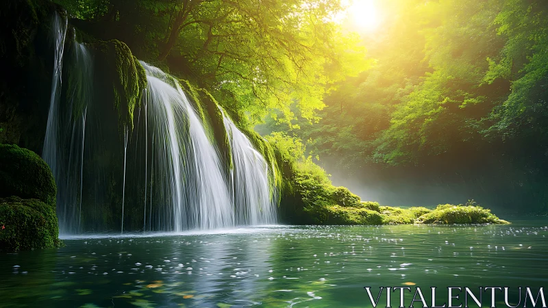 Sunlit cascade with volumetric mist over mossed rock ledges