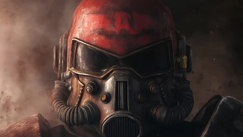 Wasteland shock trooper in scarred red power armor glare.