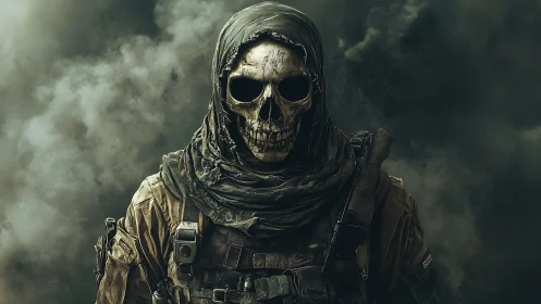 Hooded skull soldier emerging from dense battlefield smoke.