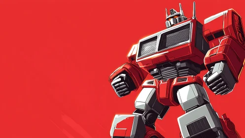 Heroic red robot stands boldly against vivid backdrop.