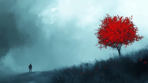 Solitary figure stands opposite vivid red tree on hillside