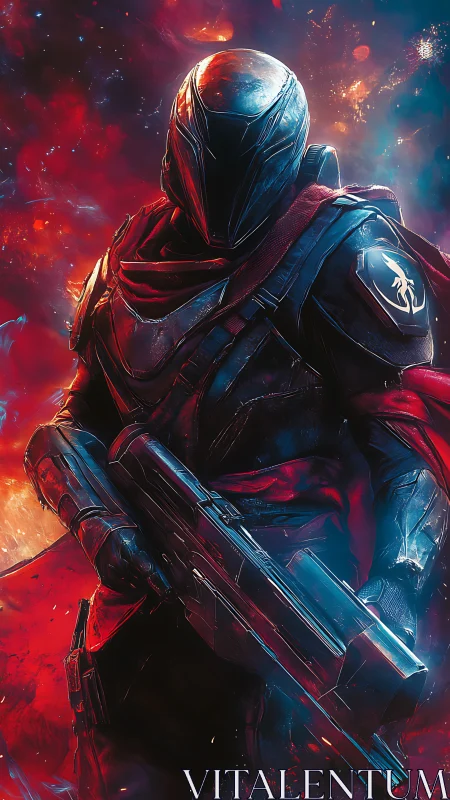 Armored space guardian stands defiant in blazing cosmic storm