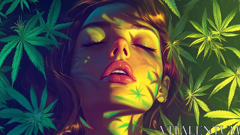 Female face amid cannabis leaves in stylized lighting.