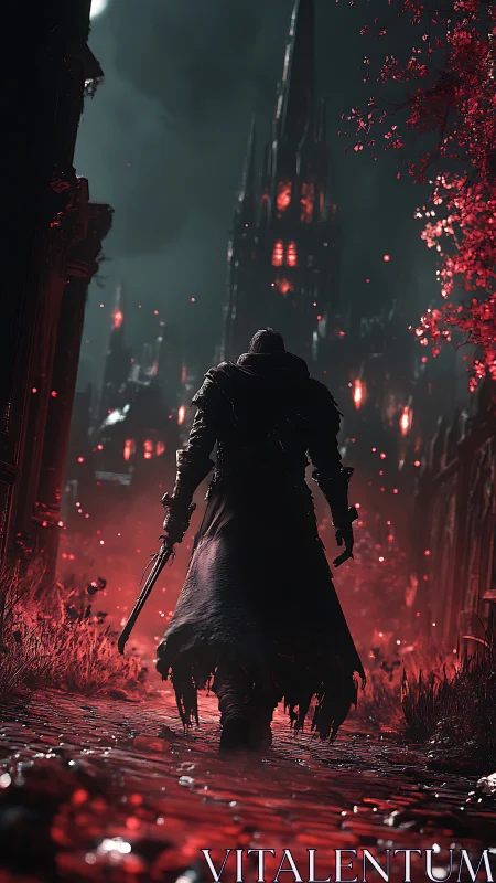Hunter stalks bloodlit cathedral street under crimson fog.