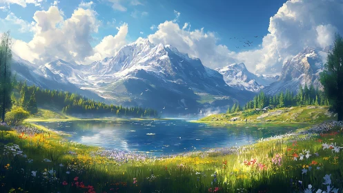 Sunlit alpine lake shimmers beneath towering snow peaks