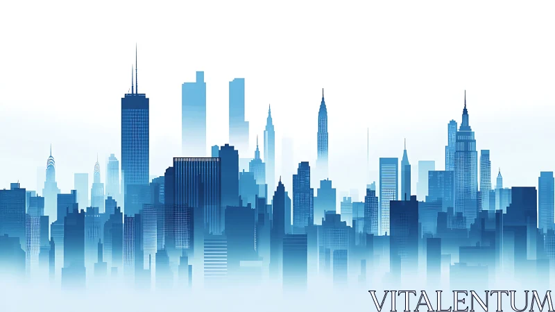 Soft blue city skyline glowing in a calm morning light.