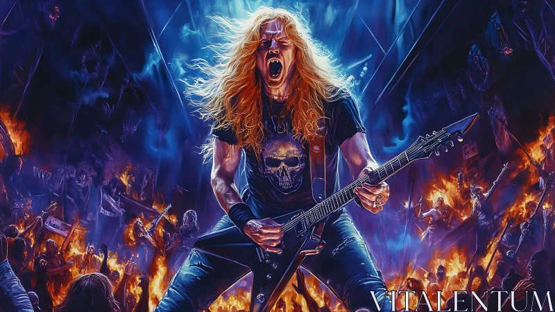 Long haired metal guitarist commands blazing concert stage