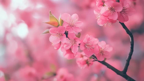 Pink cherry blossom cluster with butterfly on dark branch.