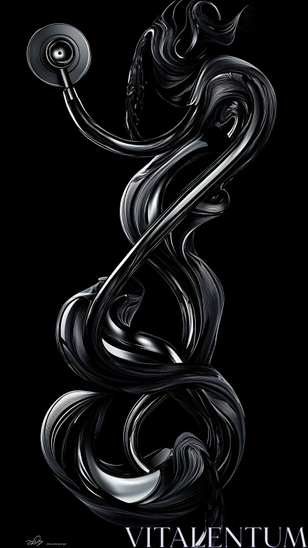 Curved metallic ribbons form an abstract vertical silhouette