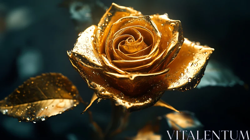 Golden rose covered in water droplets with dark background