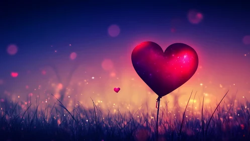 Heart-Shaped Balloon Floating Through a Magical Golden Sunset